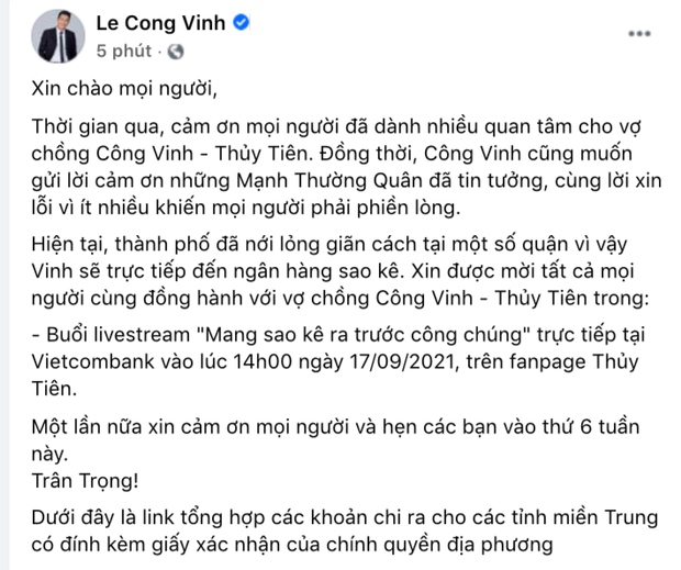 cong vinh - thuy tien se sao ke so tien keu goi ung ho mien trung vao ngay 17 9 hinh anh 1