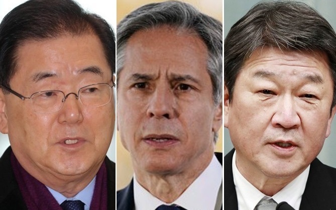 Ngoại trưởng Hàn Quốc, Mỹ, và Nhật Bản. Ảnh: Korea Herald.
