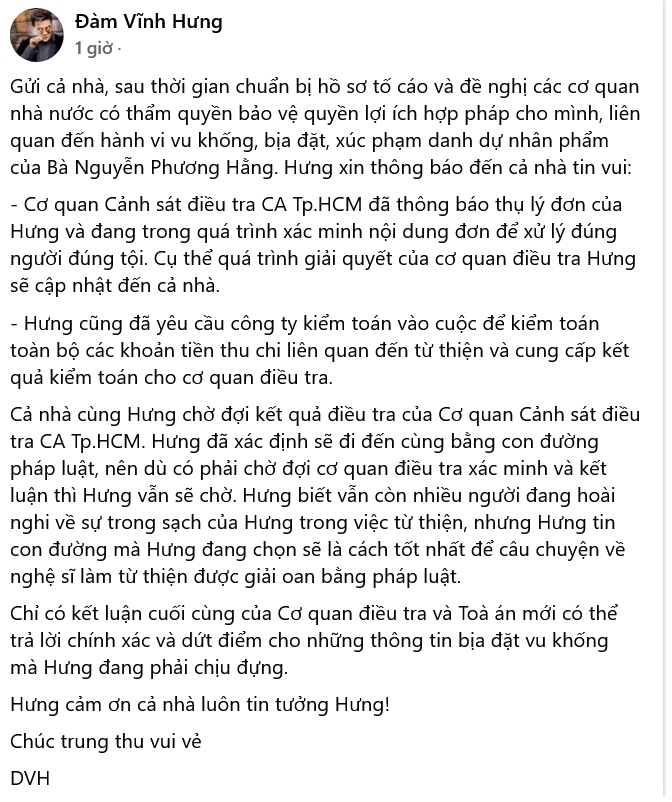 Nam ca sĩ Đàm Vĩnh Hưng xác nhận gửi đơn tố cáo bà Nguyễn Phương Hằng. (Ảnh chụp màn hình FBNV)
