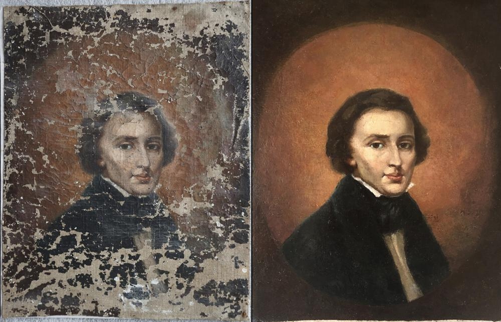 Bức chân dung nhà soạn nhạc Chopin trước và sau khi được phục chế. Nguồn: AP