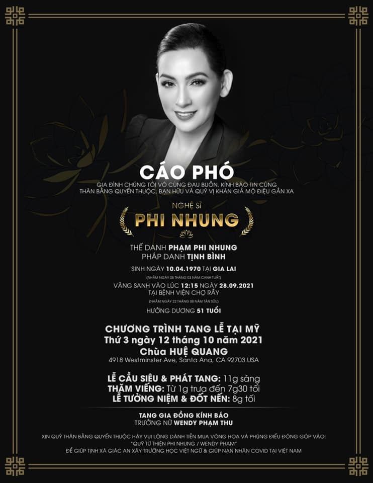 Tro cốt Phi Nhung đang được đưa về Mỹ, tổ chức tang lễ vào ngày 12/10