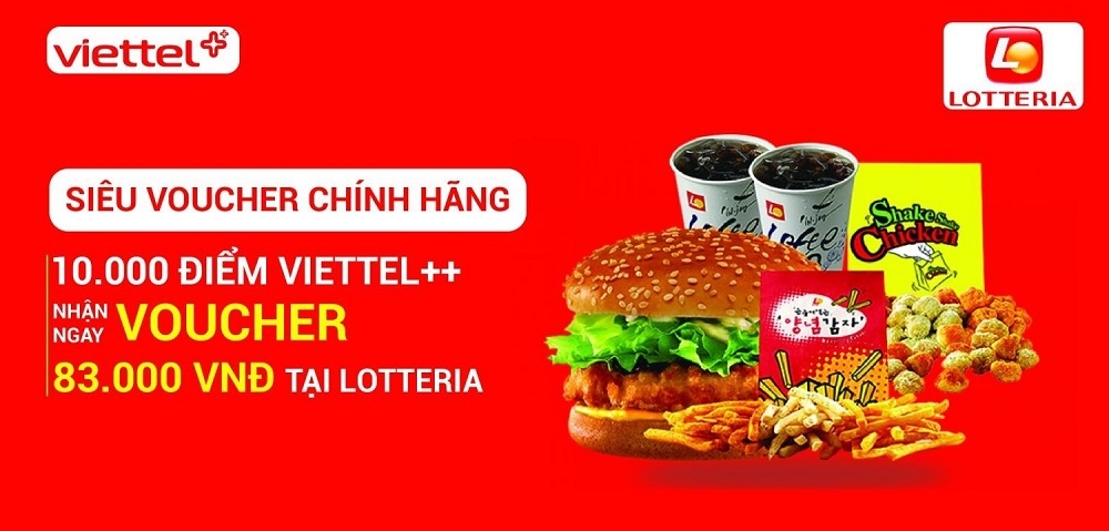 Chỉ với 10.000 điểm My Viettel Khách hàng ăn thả ga với set Combo: Chicken Set (2 miếng gà + 1 nước + 1 khoai tây) sử dụng tại chuỗi nhà hàng LOTTERIA
