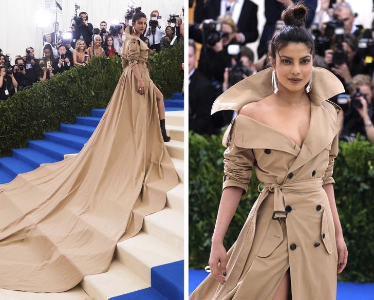 Hoa hậu thế giới Priyanka Chopra nâng cấp áo trench coat cổ điển thành đầm xẻ cao sexy tại Met Gala 2017.