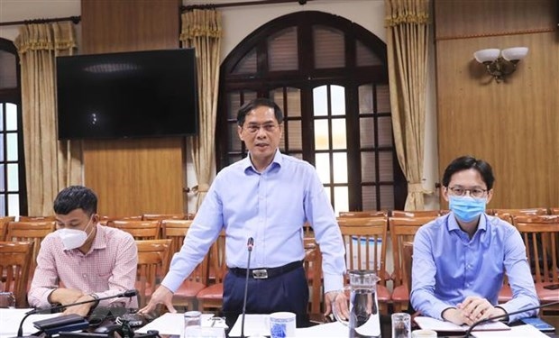 Minister of Foreign Affairs Bui Thanh Son (standing) chairs a meeting of the Government’s Working Group on vaccine diplomacy.