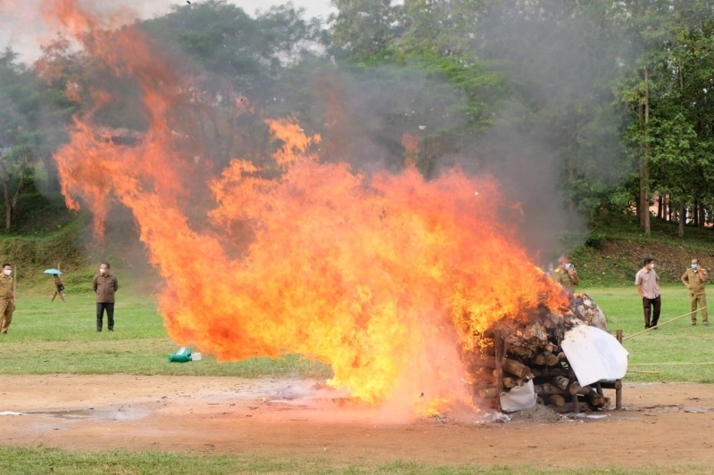 Cơ quan chức năng vừa tiến hành tiêu hủy số lượng lớn ma túy bằng phương pháp đốt. Nguồn: Đài PT-TH tỉnh Luangprabang