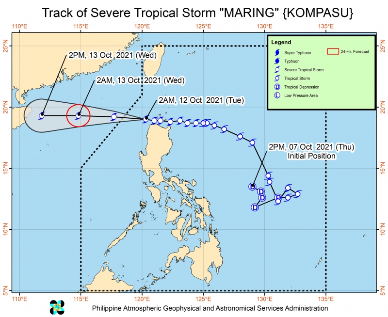 Sơ đồ đường đi bão Kompasu sáng 12/10 của PAGASA. (Nguồn: Philstar)