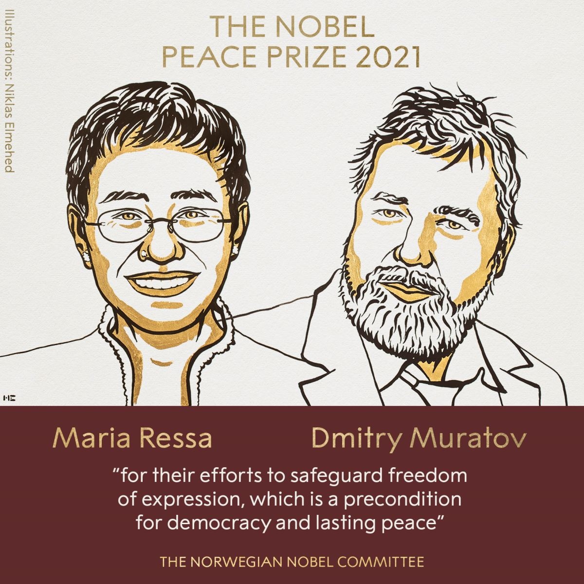 Hai đồng chủ nhân Giải Nobel Hòa bình năm 2021. Ảnh: nobelprize.org