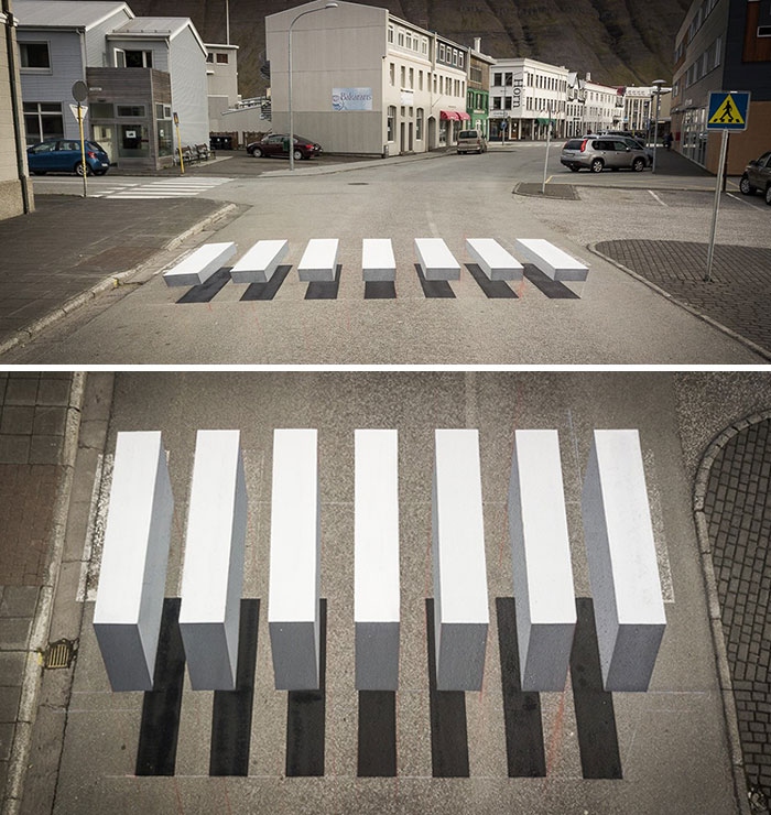 Một thị trấn ở Iceland đã sơn vạch kẻ đường 3D dành cho người đi bộ để làm chậm tốc độ của các phương tiện giao thông.