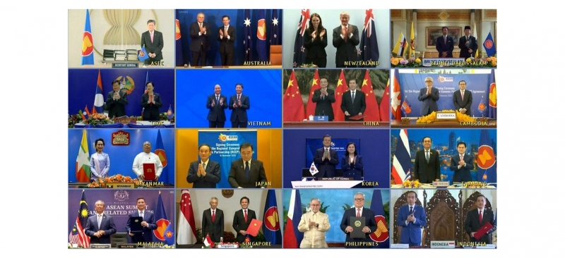 Lãnh đạo 15 quốc gia thành viên tham dự lễ ký RCEP vào tháng 11/2021. Nguồn: BBC