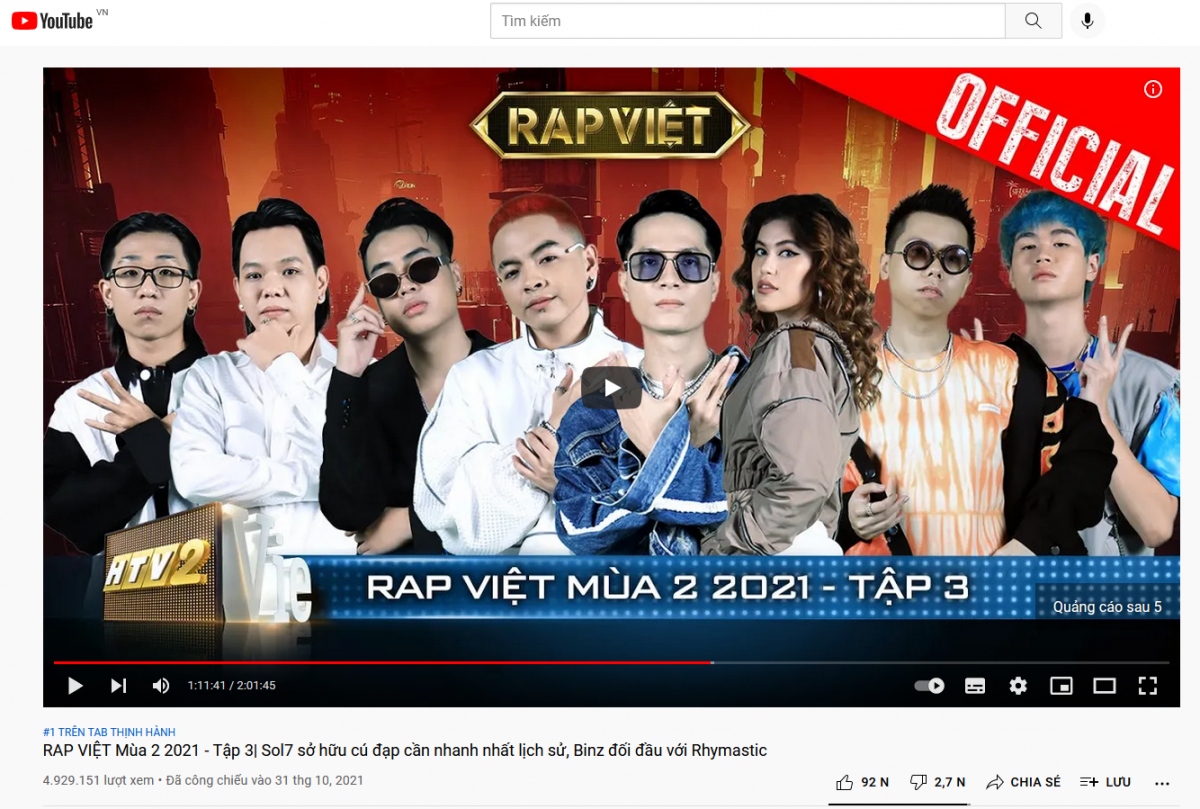 rap viet - mua 2 thong tri top thinh hanh youtube voi 3 tap phat song hinh anh 1