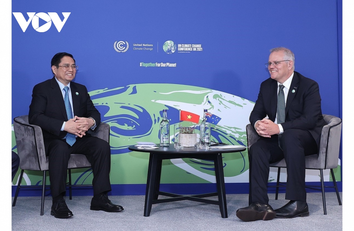 Australian Prime Minister Scott Morrison meets his Vietnamese counterpart Pham Minh Chinh on the sidelines of the 26th UN Climate Change Conference in Glasgow, Scotland, on November 1.