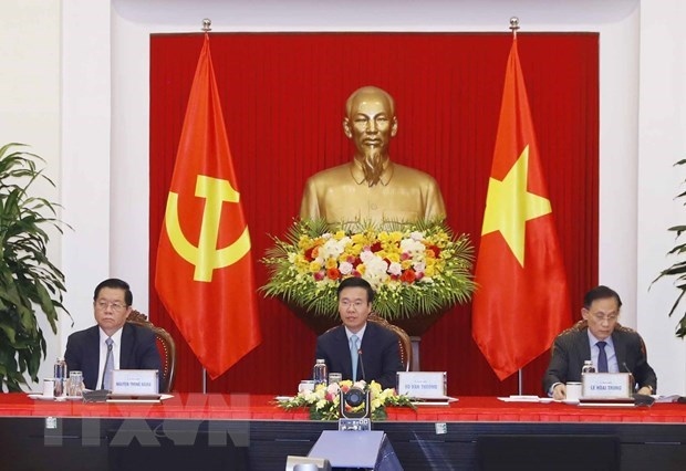 Permanent member of the CPV Central Committee’s Secretariat Vo Van Thuong (middle) speaks at the event (Photo: VNA)