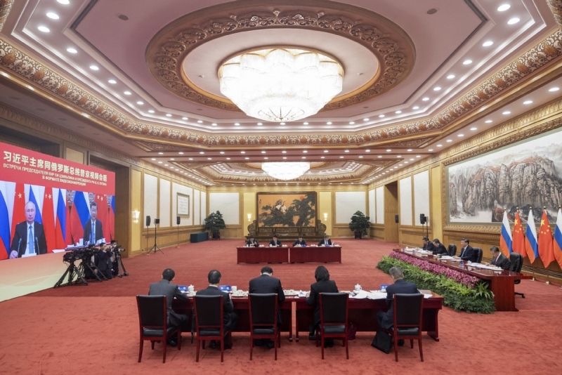 Cuộc gặp trực tuyến giữa Chủ tịch Trung Quốc Tập Cận Bình và Tổng thống Nga Putin. (Ảnh: Tân Hoa xã)