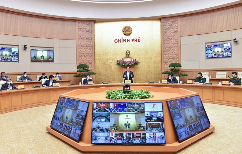 Thủ tướng Chính phủ Phạm Minh Chính tại cuộc họp trực tuyến các địa phương về công tác phòng, chống dịch COVID-19. Nguồn: Báo điện tử Chính phủ
