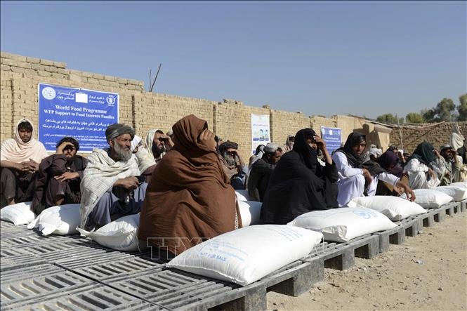 Người dân Afghanistan nhận lương thực viện trợ từ Chương trình Lương thực thế giới, tại Kandahar. Ảnh: AFP/TTXVN