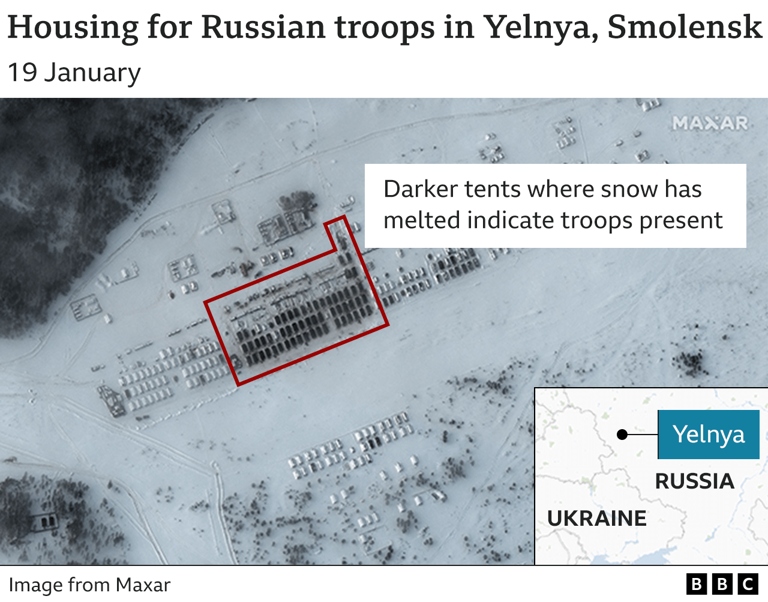 Ảnh chụp từ vệ tinh ngày 19/1/2022 cho thấy khu lều trại có binh sỹ Nga ở Yelna Smolensk.