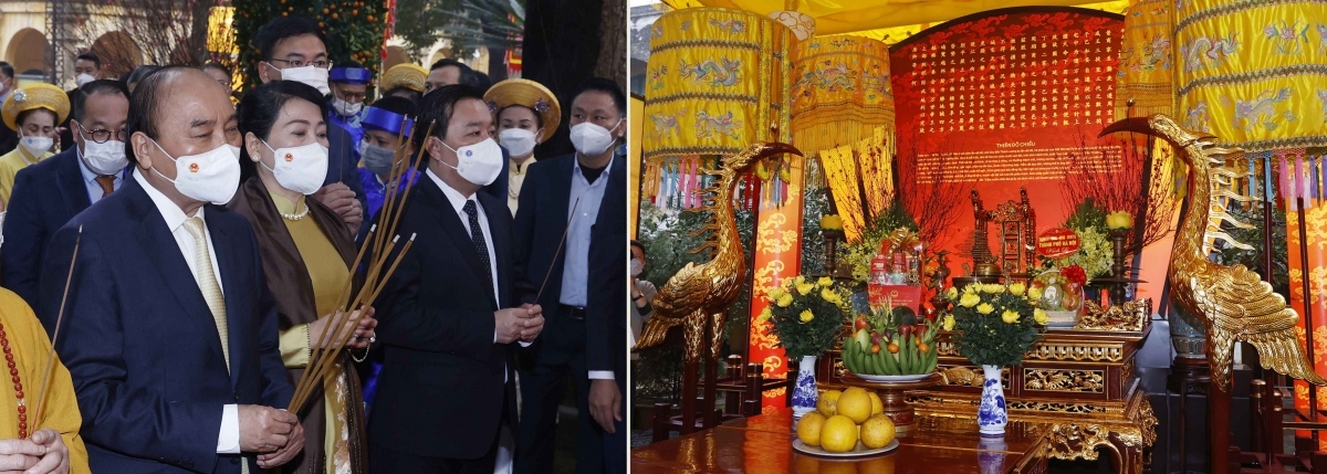 President Phuc and overseas Vietnamese perform an incense offering ceremony to pay homage to ancestors and report on the return to the fatherland of the expatriates from around the world.