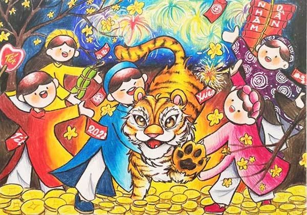 Vui Xuân Nhâm Dần (Celebration Year of Tiger) – a painting by Hoang Xuan Mai, a student of Duc Tri junior secondary school in Da Nang, was selected for display at Da Nang's Fine Arts Museum on December 25. — Photo courtesy of Truong Kha