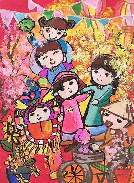 Du Xuân Cùng Gia Đình (Traveling for Tet with family) – a watercolour by Nguyen Nha Khanh, from Tran Cao Van primary school in Da Nang. — Photo courtesy of Da Nang Fine Arts Museum