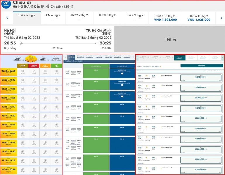 Bảng giá vé máy bay chặng Hà Nội - TP.HCM của các hãng hàng không từ ngày 5 - 8/2(Ảnh chụp màn hình).