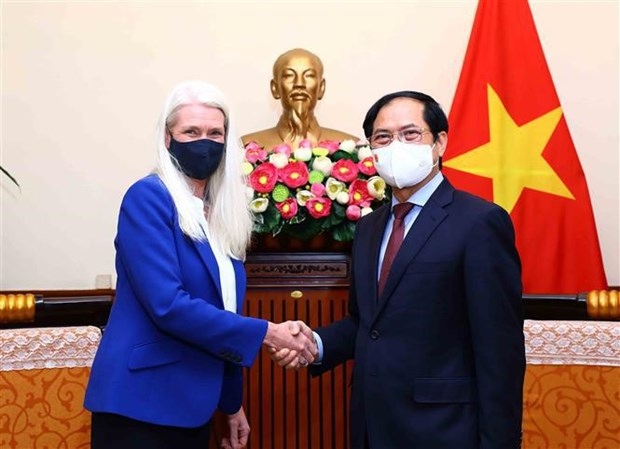 Minister of Foreign Affairs Bui Thanh Son (R) welcomes British Minister of State for Asia and the Middle East Amanda Milling (Photo: VNA)