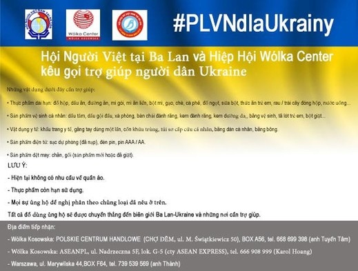 Thông báo của Hội người Việt Nam tại Ba Lan và Hiệp hội Woka Center kêu gọi trợ giúp người dân Ukraine