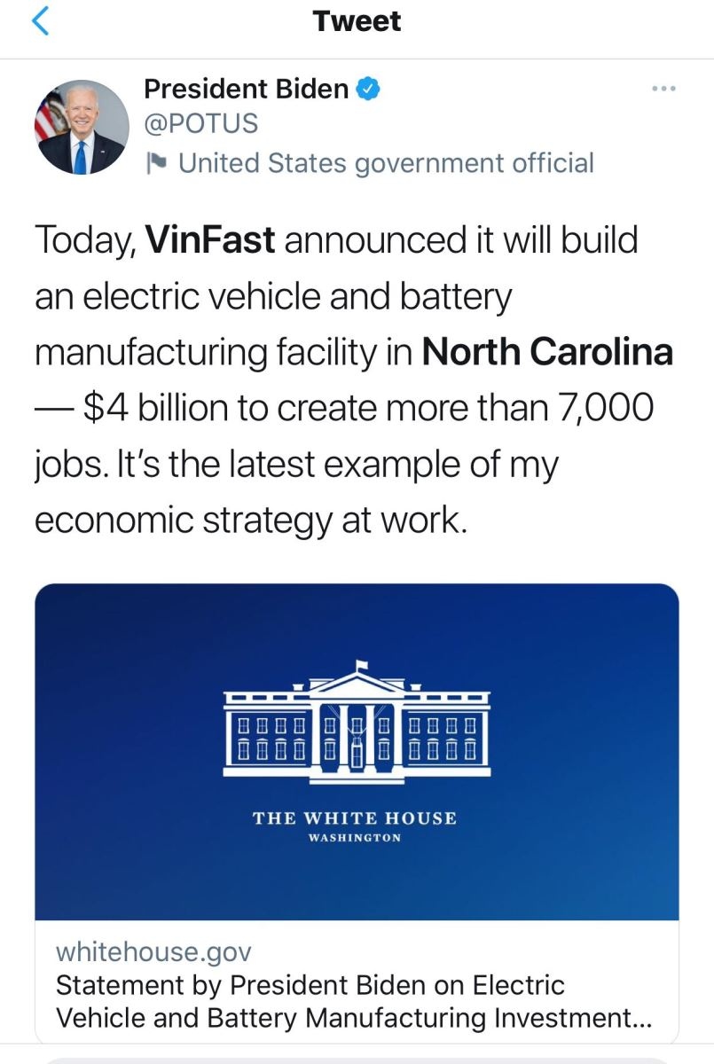 President Joe Biden welcomes VinFast facility project in North Carolina