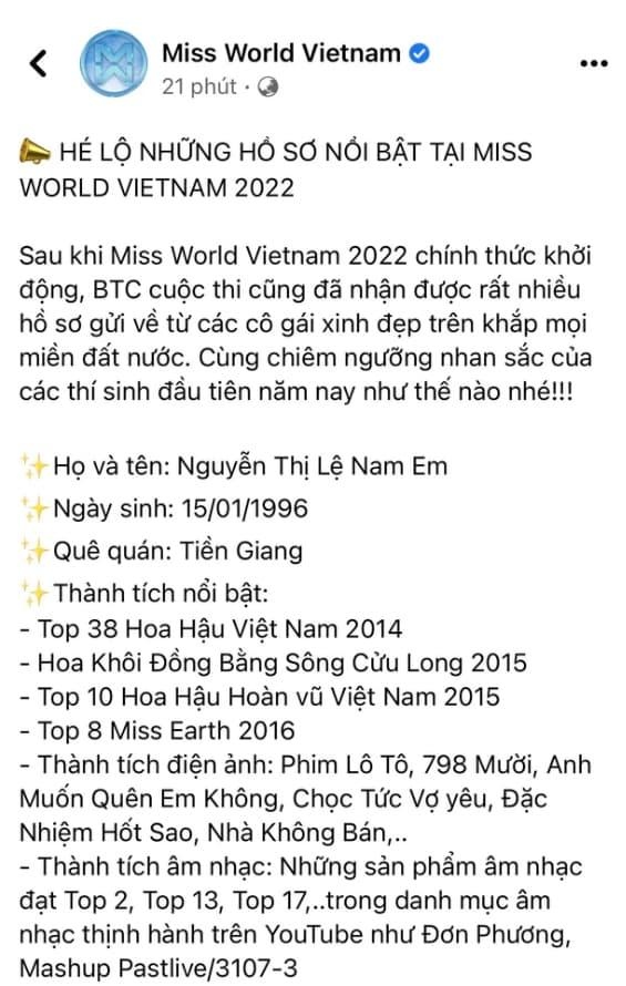 Nam Em xác nhận tham dự Hoa hậu Thế giới Việt Nam 2022