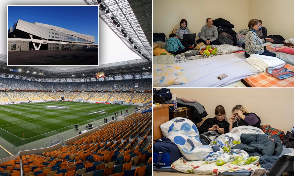 Sân Arena Lviv trở thành nơi trú ẩn cho người tị nạn tại Ukraine. (Ảnh: Daily Mail)