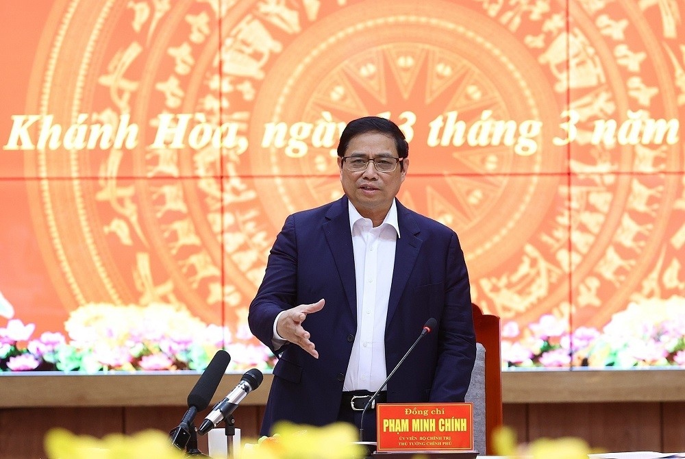Thủ tướng Phạm Minh Chính phát biểu tại buổi làm việc với lãnh đạo chủ chốt tỉnh Khánh Hoà. (Ảnh: TTXVN)