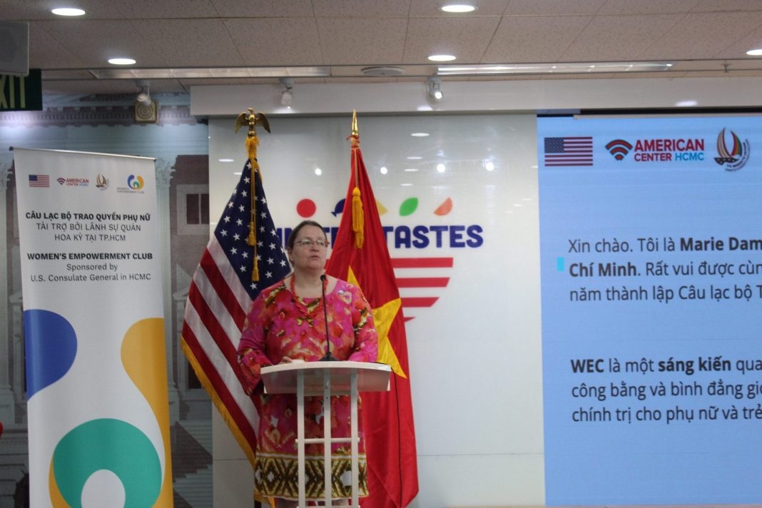 Marie Damour, US Consul General, speaks at a press conference to celebrate the five-year anniversary of WEC – Photo: Nhu Nhu
