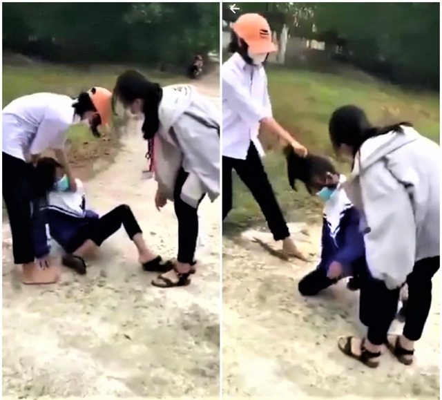 2 nữ sinh lớp 8 ở Quảng Trị đánh 1 học sinh lớp 7. (Ảnh cắt từ clip)