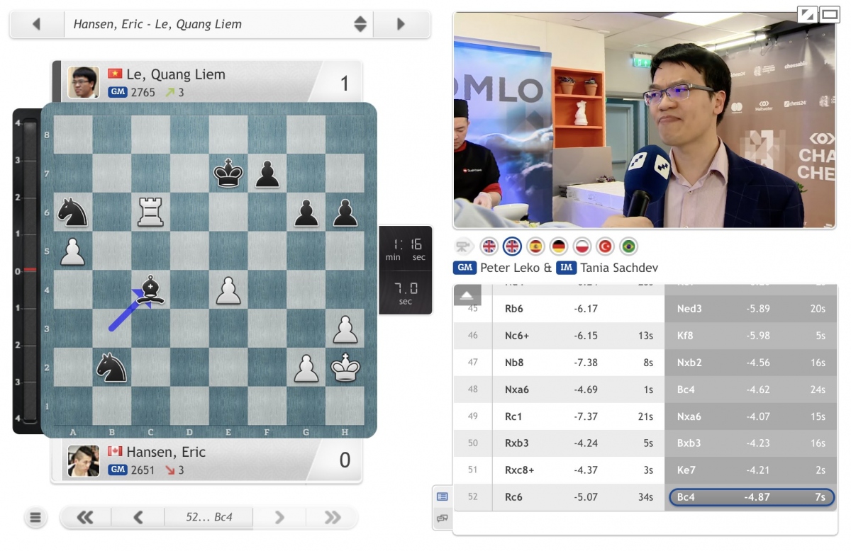 Lê Quang Liêm giành chiến thắng trước Hansen. (Ảnh: Chess24h)