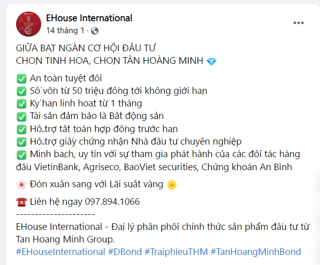 Lời giới thiệu vô cùng hấp dẫn về trái phiếu Tân Hoàng Minh. (Ảnh chụp màn hình)