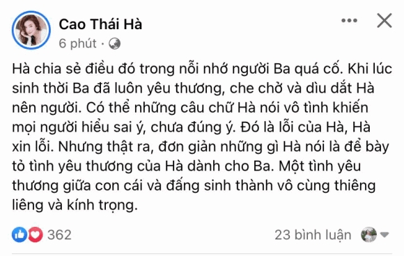 Chuyện showbiz: Cao Thái Hà xin lỗi vì phát ngôn mong "là vợ chồng" với ba ở kiếp sau