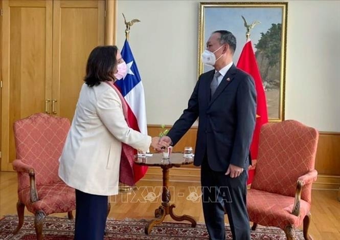 Chilean Foreign Minister Urrejola Noguera (L) welcomes Vietnamese Ambassador to Chile Pham Truong Giang (Photo:VNA)