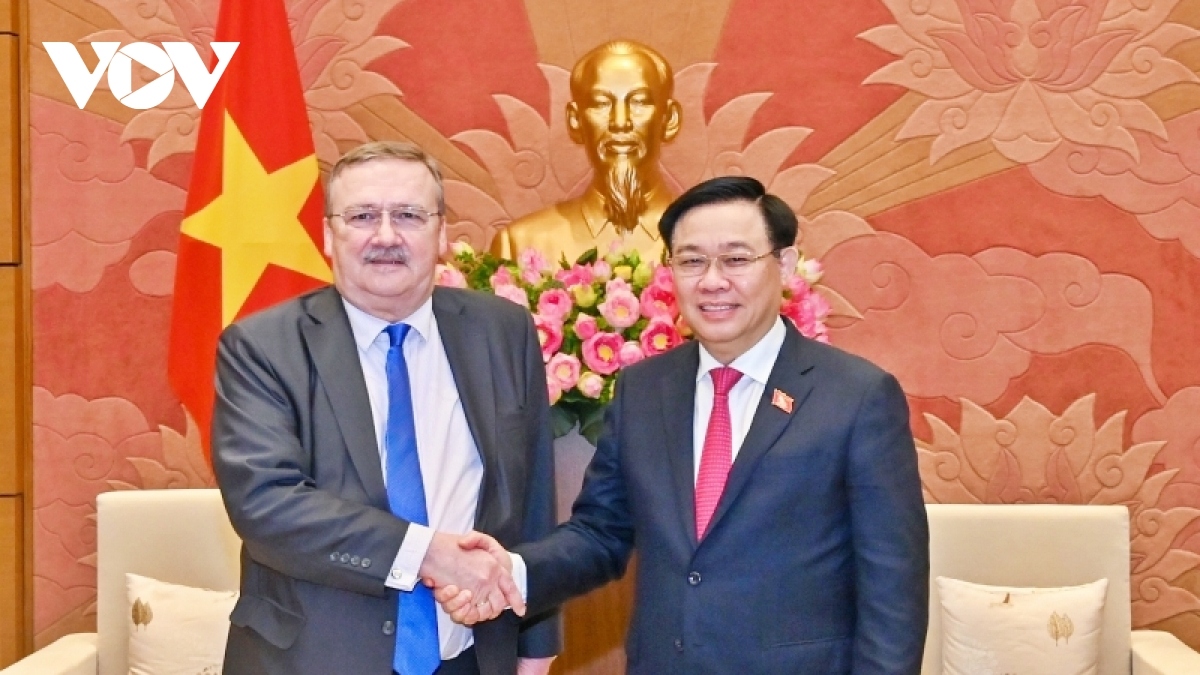 NA Chairman Vuong Dinh Hue (R) receives Hungarian Ambassador Ory Csaba in Hanoi on May 31.