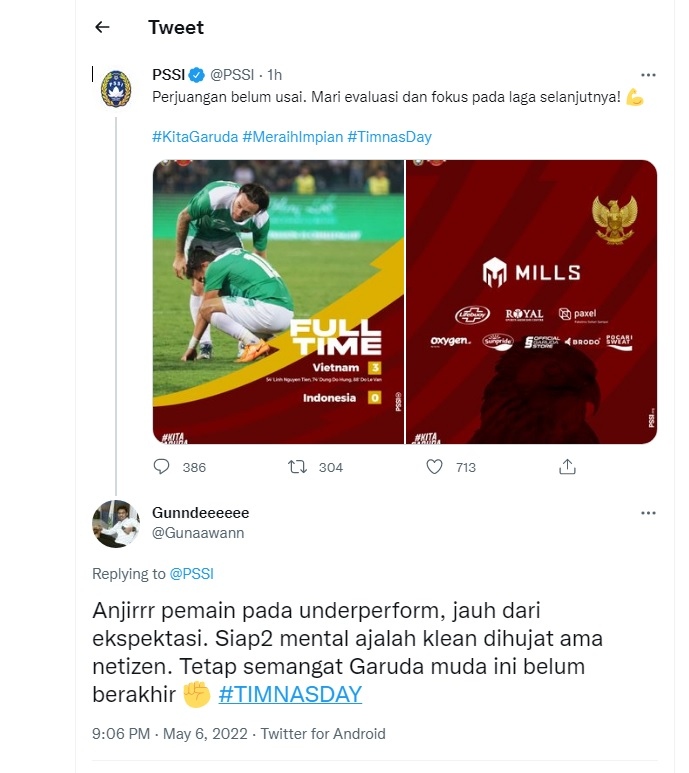 Người hâm mộ bày tỏ thất vọng trong tài khoản twitter của Liên đoàn bóng đá Indonesia. (Ảnh chụp màn hình)