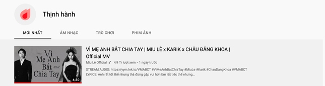 Miu Lê và Karik chiếm lĩnh Top 1 Trending Youtube Việt Nam với MV mới