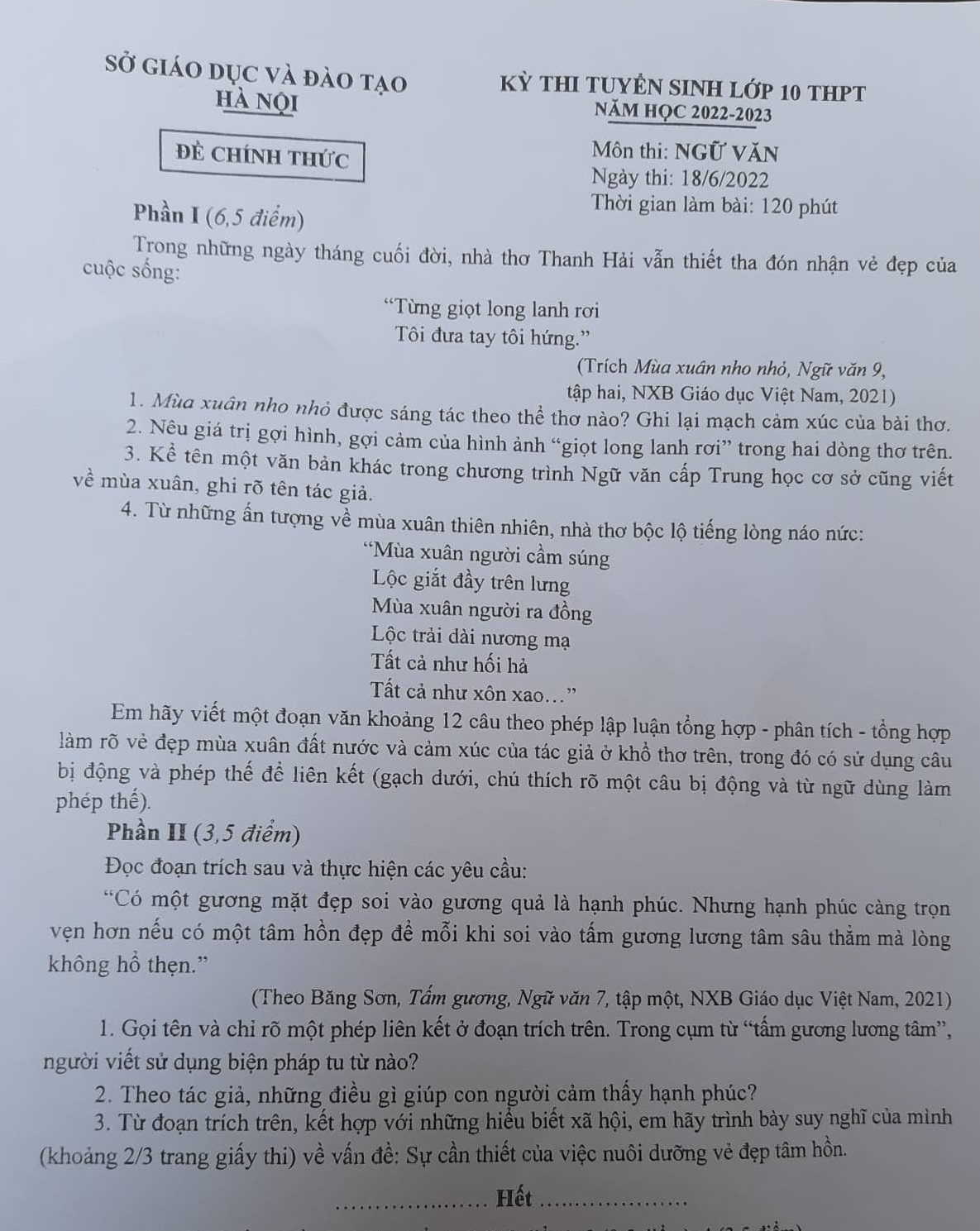 thi vao 10 ha noi giao vien danh gia de thi van de tho , du bao nhieu diem 7-8 hinh anh 1