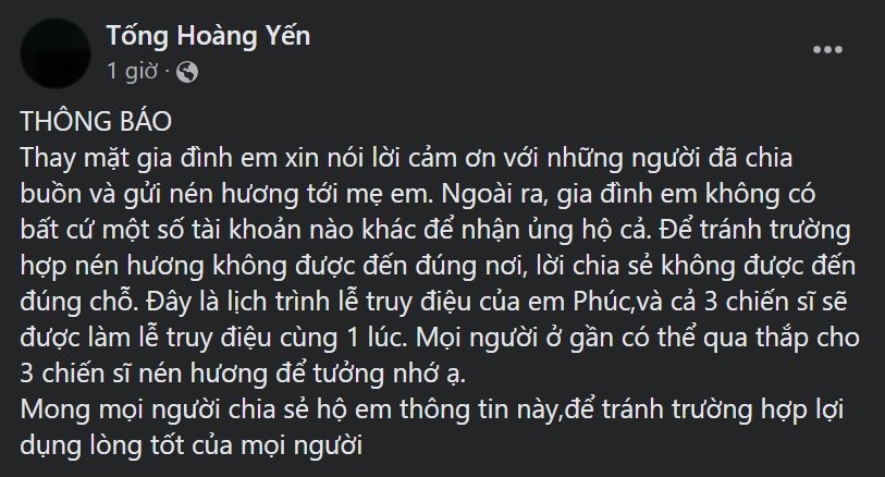 Gia đình 3 chiến sỹ PCCC vừa hy sinh không kêu gọi xin tiền phúng điếu trên mạng