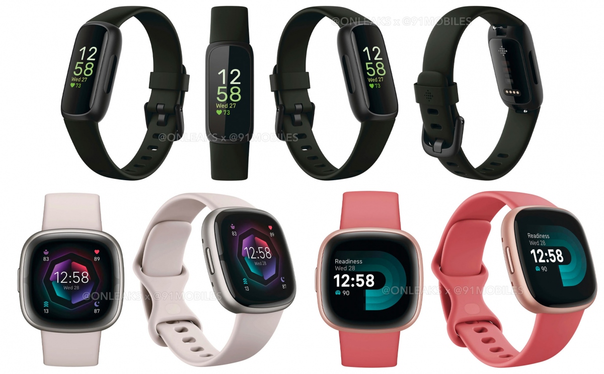 Ảnh đồ họa của thiết bị đeo thông minh Fitbit Sense 2, Inspire 3 và Versa 4