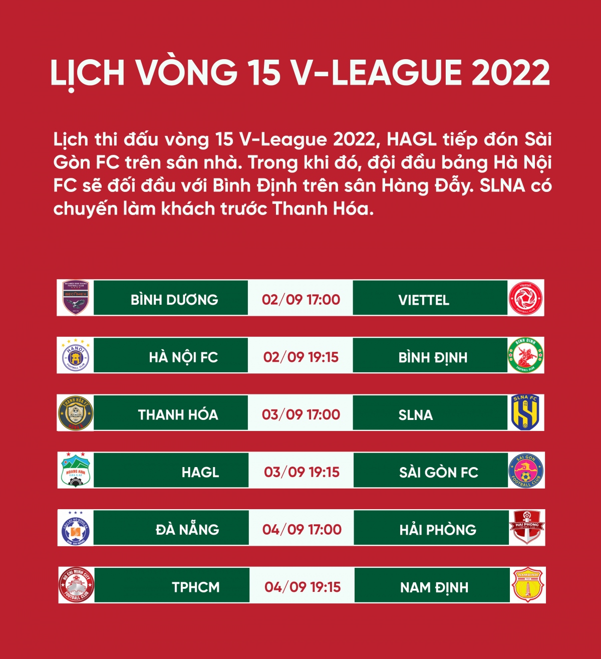 lich thi dau vong 15 v-league 2022 ha noi fc dai chien binh Dinh hinh anh 1