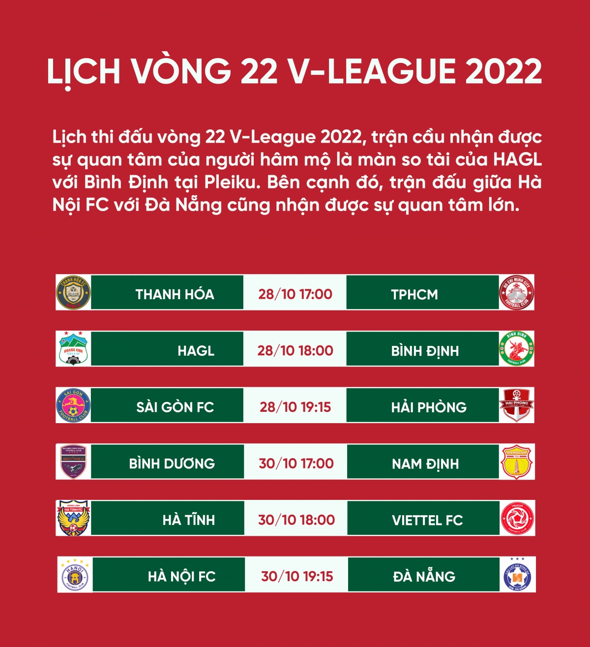 lich thi dau vong 22 v-league 2022 hagl so tai binh Dinh hinh anh 1