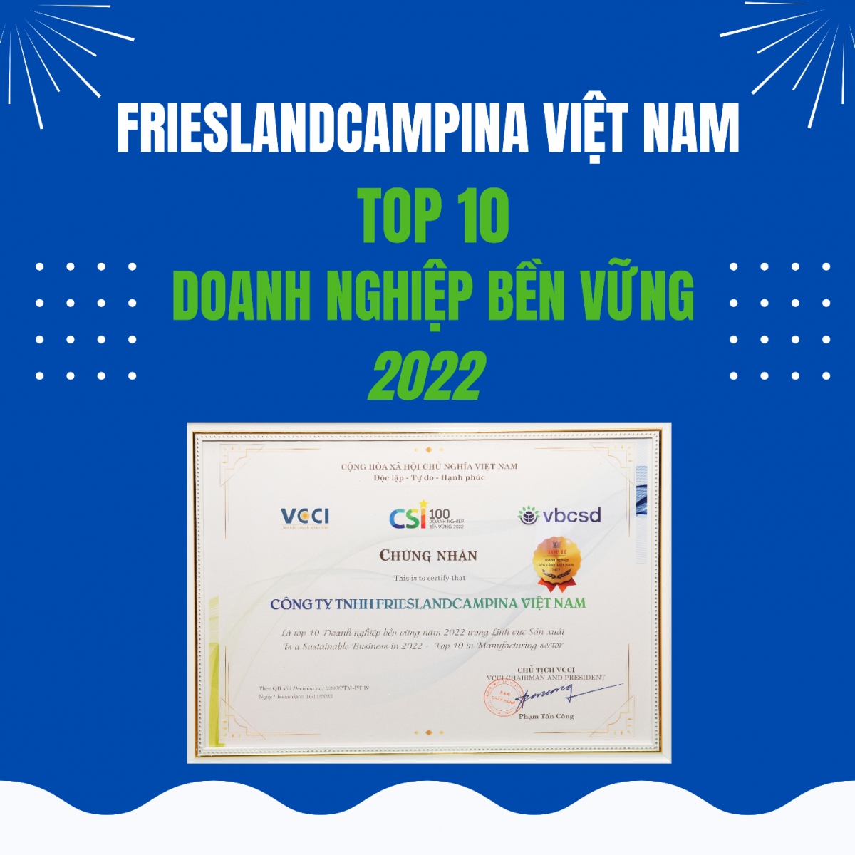 frieslandcampina viet nam duoc vinh danh top 10 dn ben vung hinh anh 2