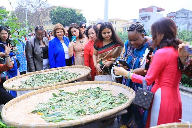 female diplomats learn about silk weaving in vietnam picture 1
