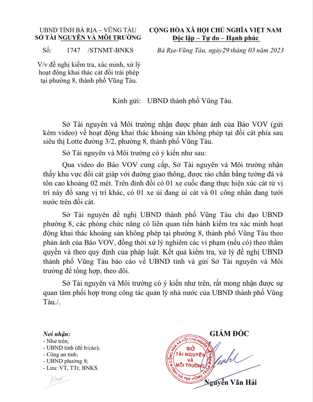 vung tau kiem tra, xu ly hoat dong khai thac cat doi theo phan anh cua vov hinh anh 1