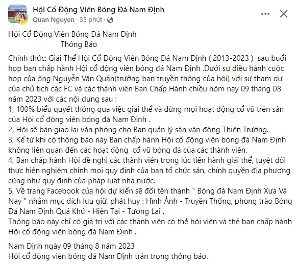 bong da nam Dinh co bien, hoi co dong vien chinh thuc giai the hinh anh 1