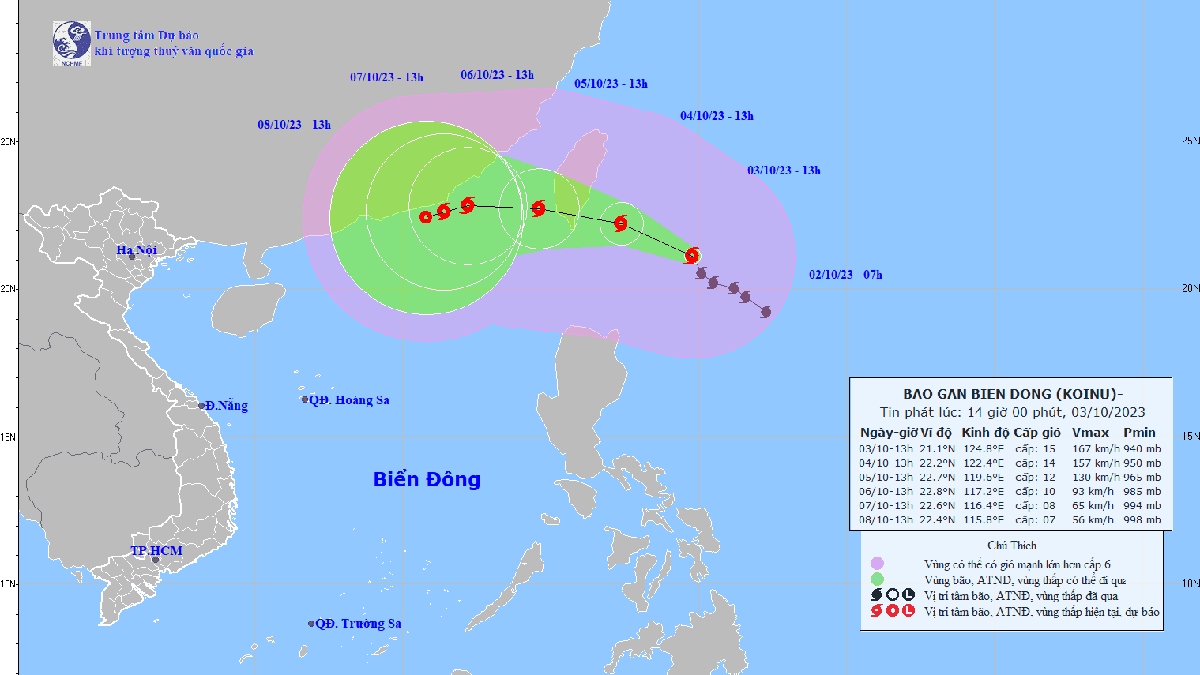 Bão Koinu trên Biển Đông, sức gió vùng gần tâm bão mạnh cấp 15
