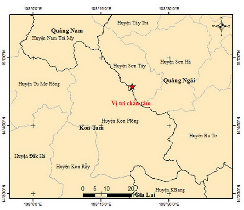 Xảy ra động đất tại Quảng Ngãi và Kon Tum